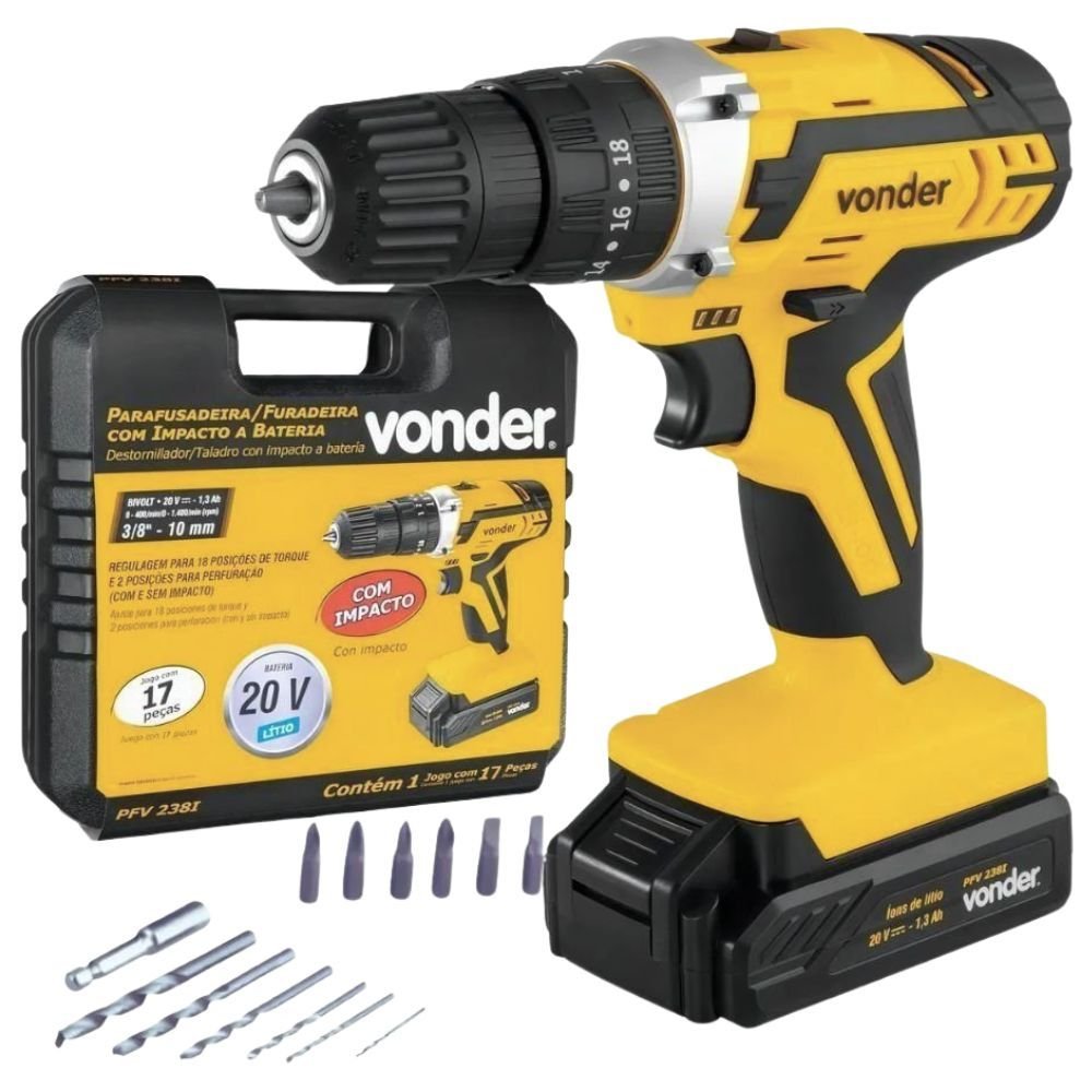 1762886723760 Parafusadeira Furadeira de Impacto 3/8Pol 20V PFV238I com Bateria Carregador e Maleta com Acessórios VONDER-6001000238 - Imagem 1